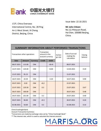 Realistic China Everbright bank statement word real example